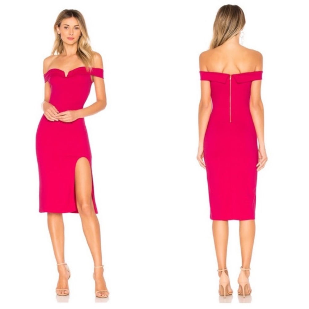 H:OURS Merce Midi Dress Off Shoulder Hot Pink M